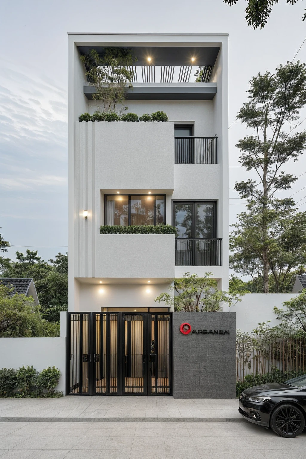 RAW photo, a photo of a modern house, (curvilinear archrchitecture:1.4), Wabisabi style rounded wall, white wall, steel black gate, sidewalk, sidewalk trees, ((grey gate:1.2)), road, viet nam modern residence, ((architectural shot)), rough white wall, new residential area, wide angle exterior 2022, contemporary house, exterior photography, masterpiece, contemporary architecture, overcast, indirect lighting