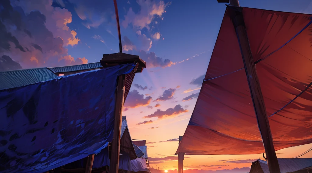 (under tarp canopy, wooden pole, under the market tents, under the canopies), wire, buildings roofs farr away, low angle, dawn sky, daybreak,