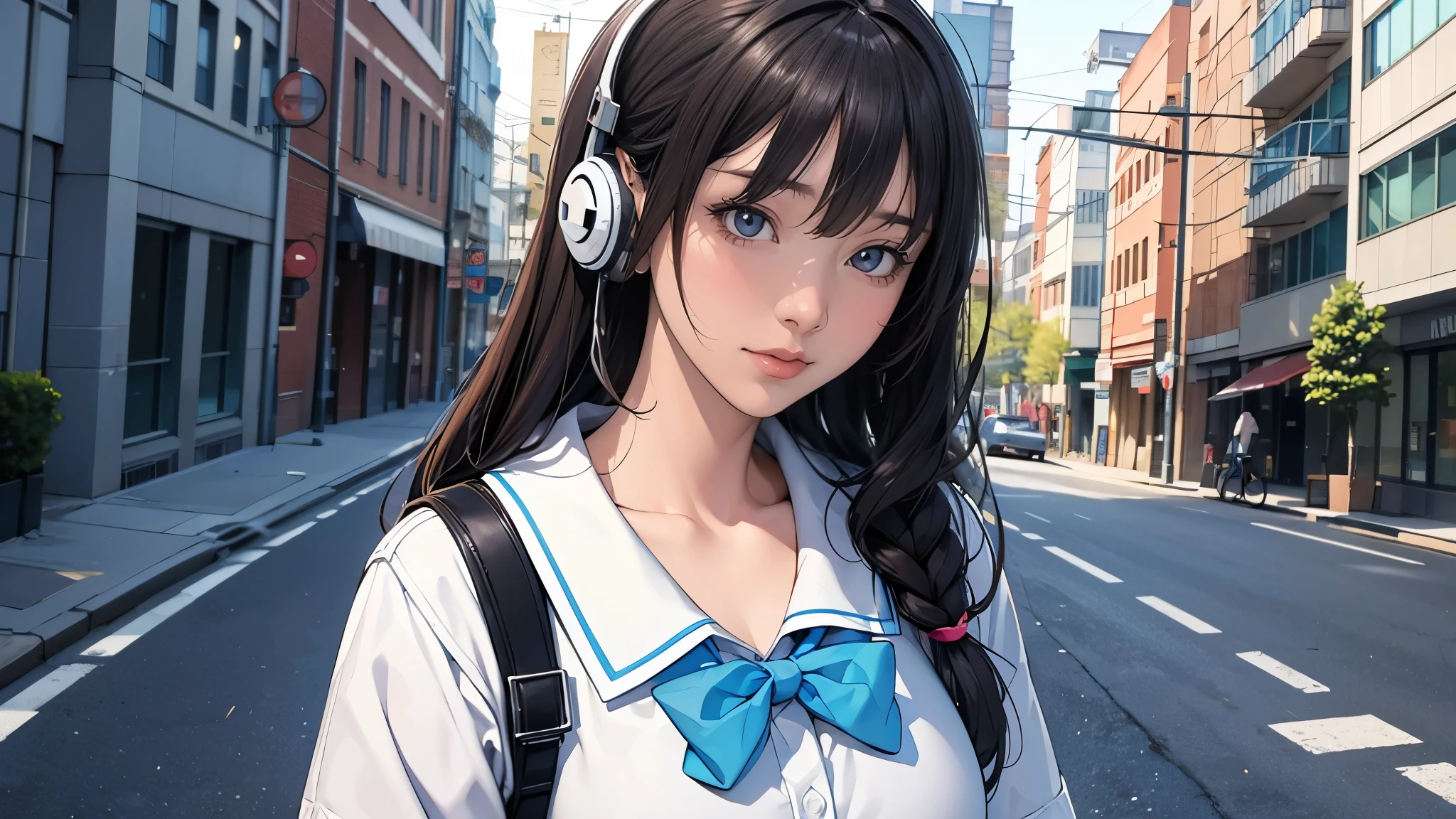 Ultra HD、super high quality、masterpiece、detailed、8K、The location is on a quiet city street、Schoolgirl1Person listening to music on headphones、15-year-old high school girl、そのロシア人で髪の毛は黒色のロング、Has blue eyes、Has a glamorous figure、The clothes she's wearing are one-piece dresses.、Pretty sexy、Lo-Fi images,The background is blurred、Nostalgic and relaxing atmosphere、At dusk、Afternoon sun
