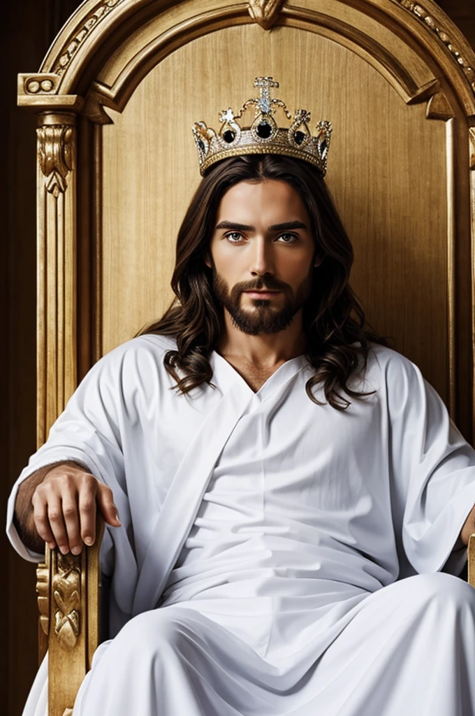 Jesus dressed in white and his crown on his throne 