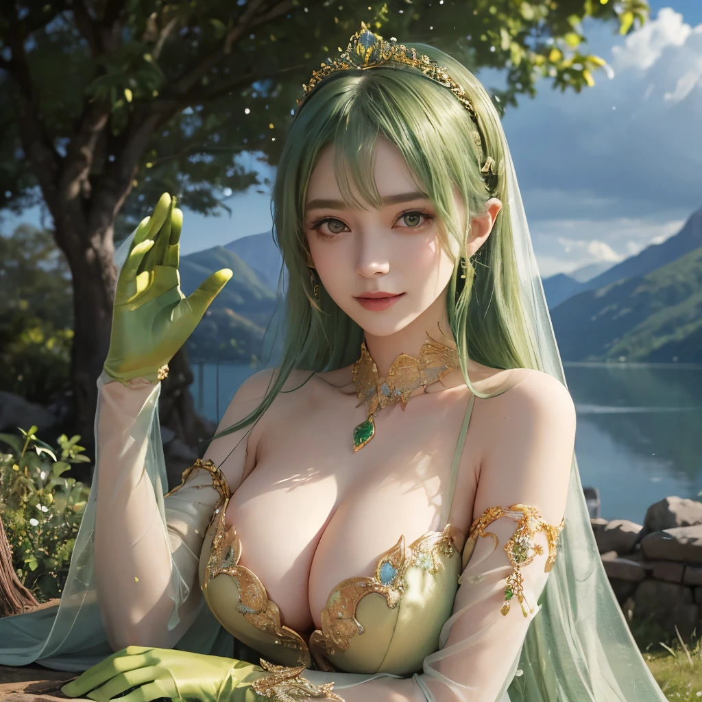 Girl, transparent, see through, gold and green dress, topless, green hair, tiara, glove, chokes, green long sleeves, green veils, ear wear, detailed hand, oval face, smile, picture form top to knee, lying pose, lean forward, (large breasts: 1.2), fixed hand, camera from top, detailed, lake background, photorealistic, best quality