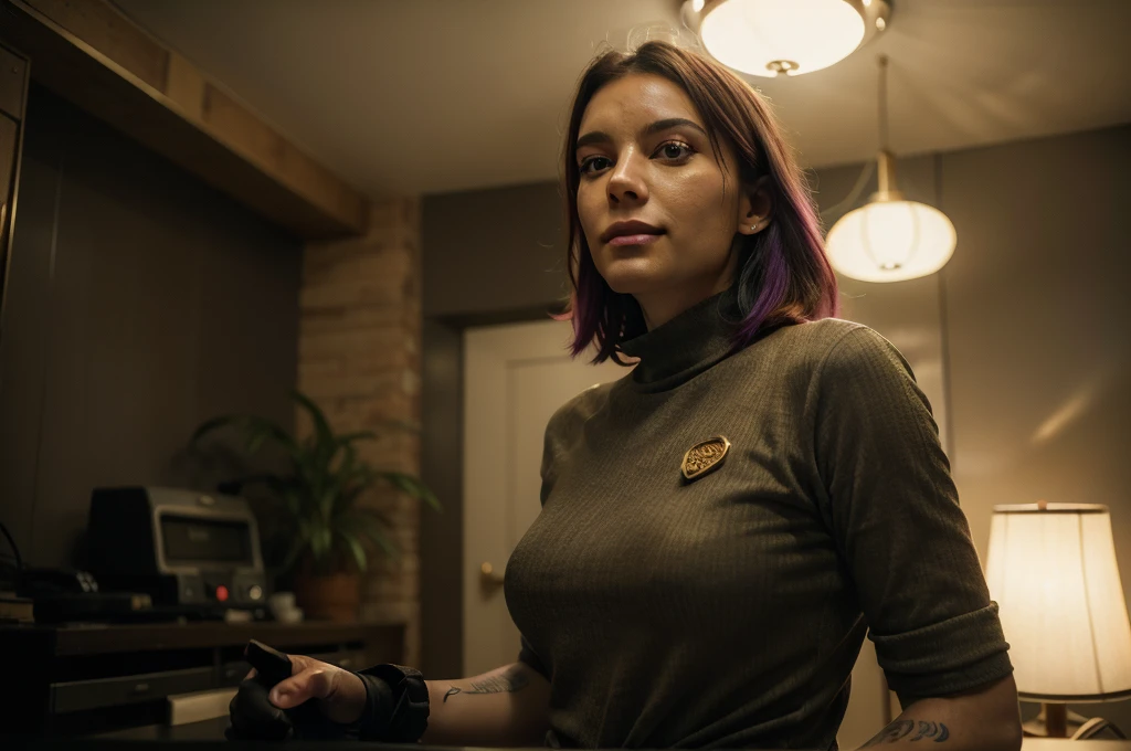 (masterpiece:1.2, best quality, ultra detailed, golden ratio, ultra realistic:1.3), Theatrical lighting:0.7, Photo of a retro-futuristic mercenary woman similar to Revy from Black Lagoon by Rei Hiroe, retrofuturism dressed (Tops, T-Shirts, Tight Shirts, Tight Dresses:1.0), vibrant makeup, basement, plants, houseplants, perfect rare face, highly detailed skin, randomly dyed pop hair, some cute punk hair clips, Hide mouth with hands, inked, tattoos, pale shiny skin, thin, large size, Sharp focus on rare face, perfect eyes:1.2, photorealistic, film grain, one foot forward, from below looking up, look at camera, Emphasize shoulders with holster, scabbard, tactical knife, Focus on face, stockings, Scarves, Collars, smile with raised mouth corners, disdainful expression, night lights, instagram style, backlit, outer space, retro tech, cyberpunk, Retrofuturism, panties, 80's perm, foggy, misty, 80's house, muted warm colors, cinematic portrait, striped dress, neon night lights, tilted:1.3, suburban retrofuturistic, cautious, spotlight, volumetric dust clouds, key light, backlight, soft natural neon lighting, film grain ISO 800, 35 mm lens, RAW f2.8 aperture, analog photography, hdr colors