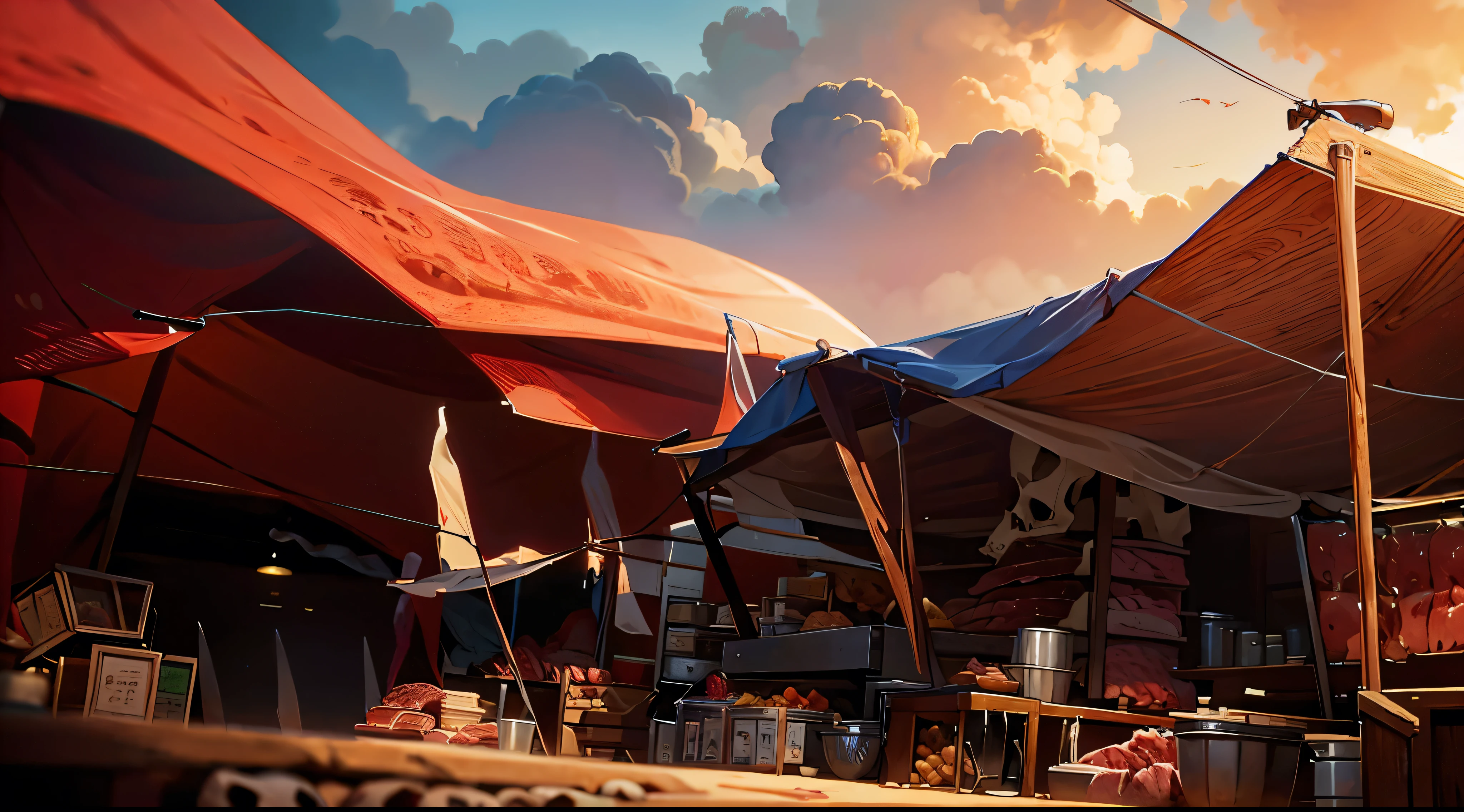 traditional market, (butchery, (they sell meats on the table and display case, skull) :1.2), (market stalls, market tents, canopies, tarp canopy), wooden boxes, wooden basket, wire,, sand ground, (dawn sky), dark morning, low angle, AnatomicTech,