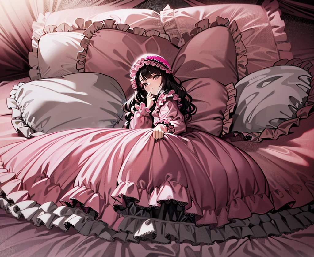 ,highest quality, masterpiece, highest resolution, artwork, super それにget used to it, many get used to it, get used to it, それにget used to it, 3K anime illustration,(( 10 year old girl)),Super detailed baby face,high quality small face,long black hair,Japanese,landmine girl,pajamas,,curly hair,((((Pink ta Fashion Long Skirt One Piece Dress)))),((Cute pink pajamas with lots of frills and ribbons)),((Luxurious pink headdress with frills and ribbons)),((((black ruffles and lace)))),detailed headdress,,(((big yoke collar))),Yoke collar with ruffles and ribbons,((((long sleeve)))),ruffle sleeves,((((long skirt)))),pink and black pillow with large ruffles and ribbons,(((Nice pink outfit))),On a luxurious canopy bed,canopy bed,The bed is surrounded by luxurious curtains,There are many pink and black frilly pillows on the bed.,Behind the girl are many pink and black frilly pillows...,super detailed background,detailed bed,((((pink duvet with black lace and ruffles)))),soft pink comforter,Highly detailed soft ruffle pillow,Beautiful girl illustration,detailed beautiful face,thin hair,detailed eye ,detailed eyes,detailed mouth, arm details,fine hands,Detailed pillow,wide bed,Illustration on the bed, ,((((round futon)))),((((A large pink futon that covers the entire bed)))),detailed comforter,detailed bedシーツ,Before bedtime,romantic atmosphere,palace bedroom,((((The lower body is hidden under a large futon....)))) The girl is leaning on a pile of pillows, ,((((round futon)))),((((Large pink ruffle comforter with black ruffles and lace covering the entire bed)))),look at me with contempt,Hold your hands,bring both hands close to the mouth,