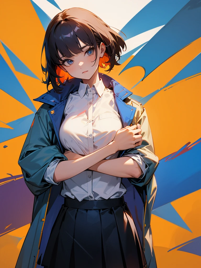 She is wearing a skirt and a shirt, jacket on top of the shirt, shoulders off. 