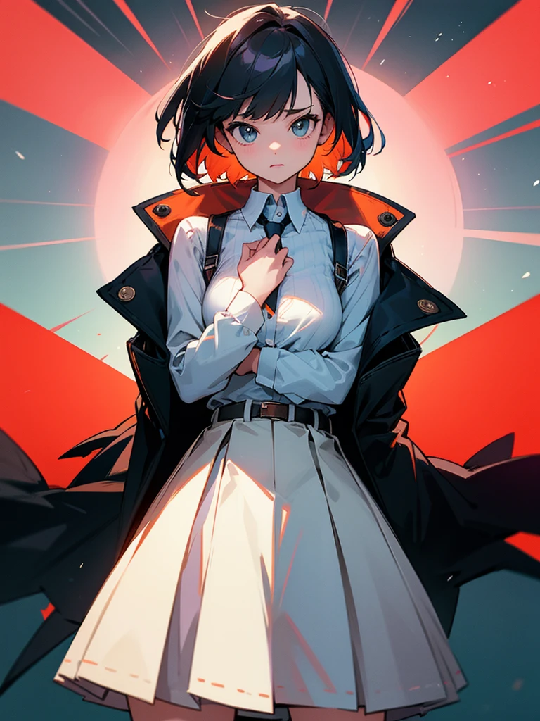 She is wearing a skirt and a shirt, jacket on top of the shirt, shoulders off.