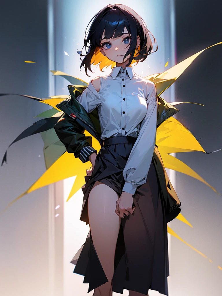 She is wearing a skirt and a shirt, jacket on top of the shirt, shoulders off.