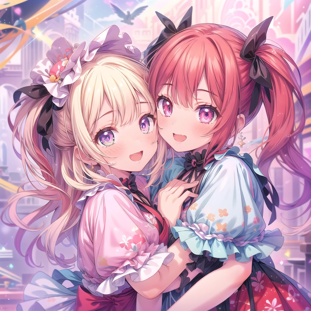 (masterpiece:1.2), best quality, high resolution, extremely detailed CG, absurdres, highres, 2girls, two girls hugs together , frills, kawaii, happy, dreamland, details background