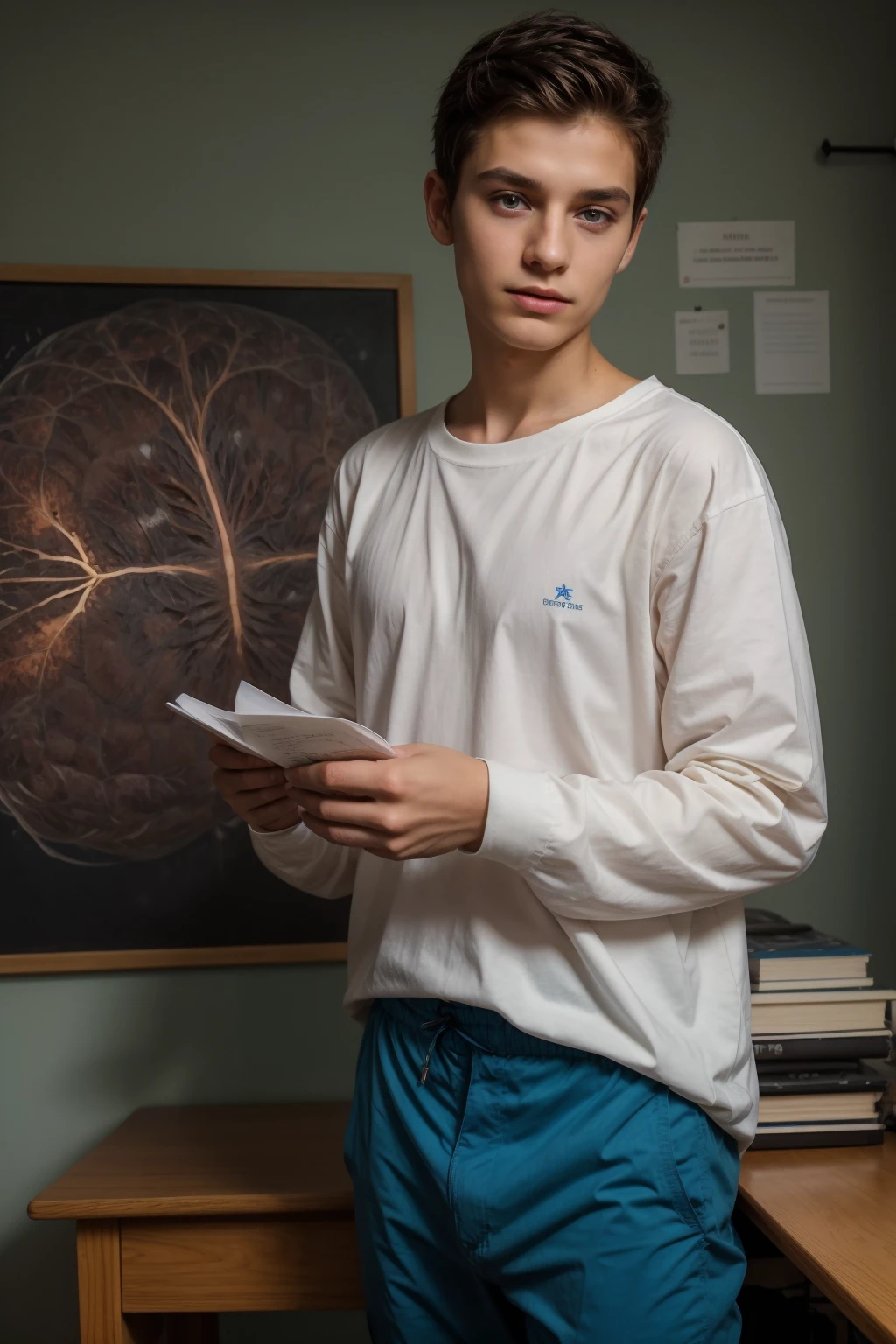 A beautiful young male twink with black hair and a face with makeup. He has a Korean hairstyle. He is wearing a white long-sleeved shirt, a tight fit, and aqua blue pants. He is in his scientific office, and behind him is a blackboard on which is written the shape of the brain, its anatomy, and mathematical equations.  Sitting at a desk