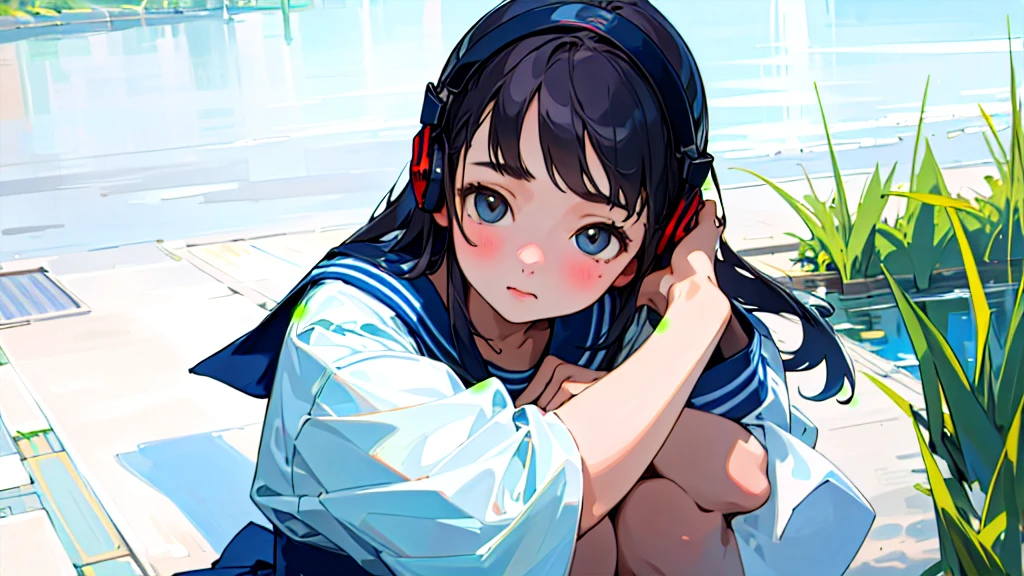 (Highest quality, masterpiece, Ultra-realistic), Beautiful and delicate15Year-old girl portrait, With a calm and gentle expression, The background is a quiet street in the evening.。While listening to music with headphones、Looking at me。Sailor suit