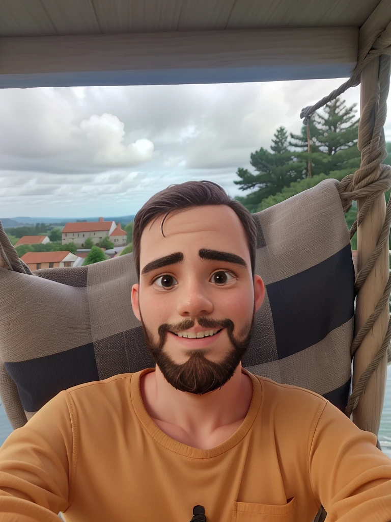 young boy with a beard 25 years old on a swing with a beautiful view behind