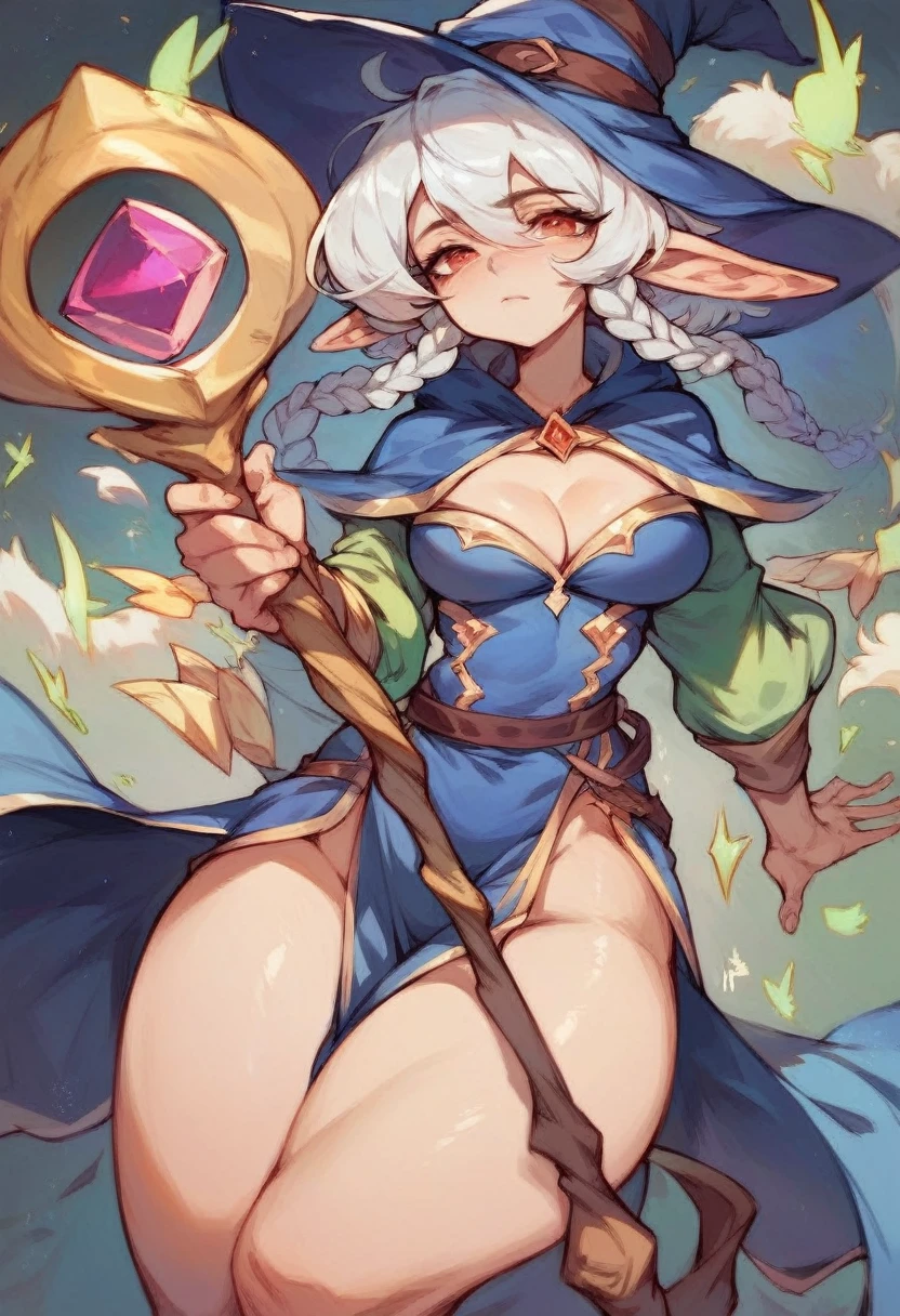 1 female elf, wizard healer girl, short girl, pouty look, wizard garb, cleavage , Wizard staff, small waist, thick thighs. white hair, braided, seductive pose, masterpiece.