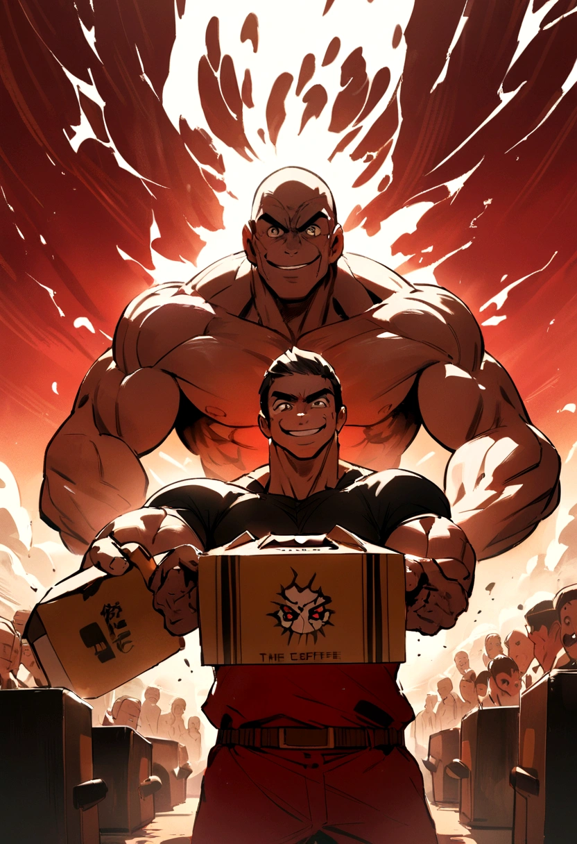 Muscle man standing sideways in the hand holding a FIN COFFEE BOX, the expression is exiting and smiling, the holding box writes "FIN COFFEE" all faces in red front