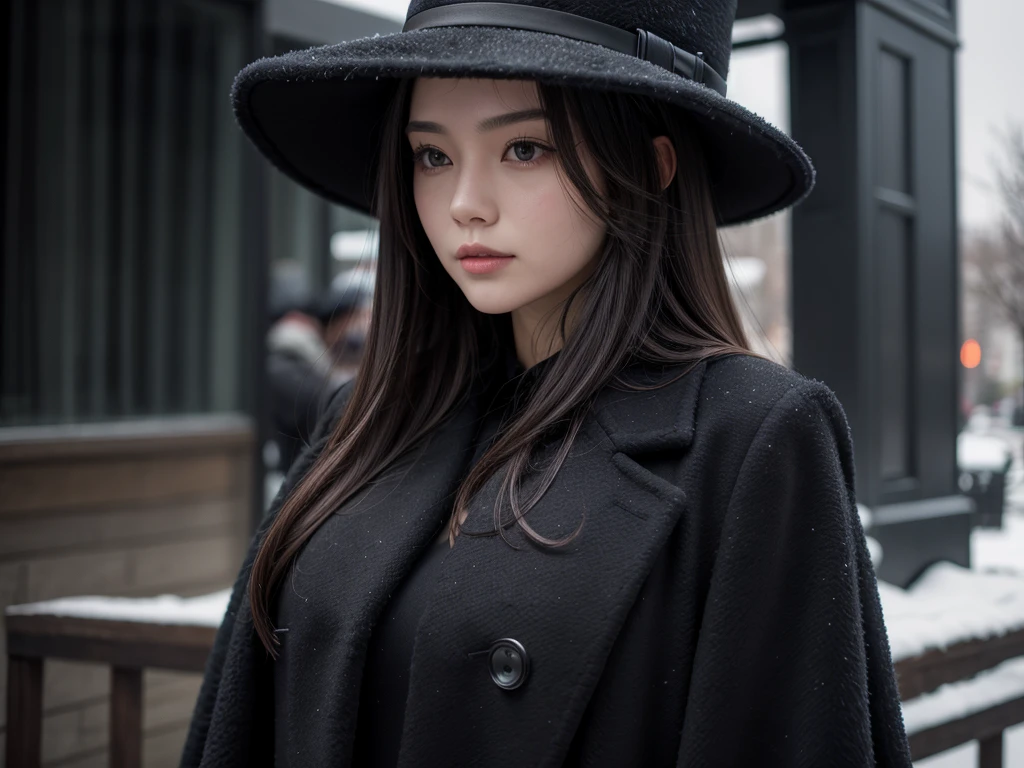 well-dressed woman, with a heavy coat and a deep black hat without a hat