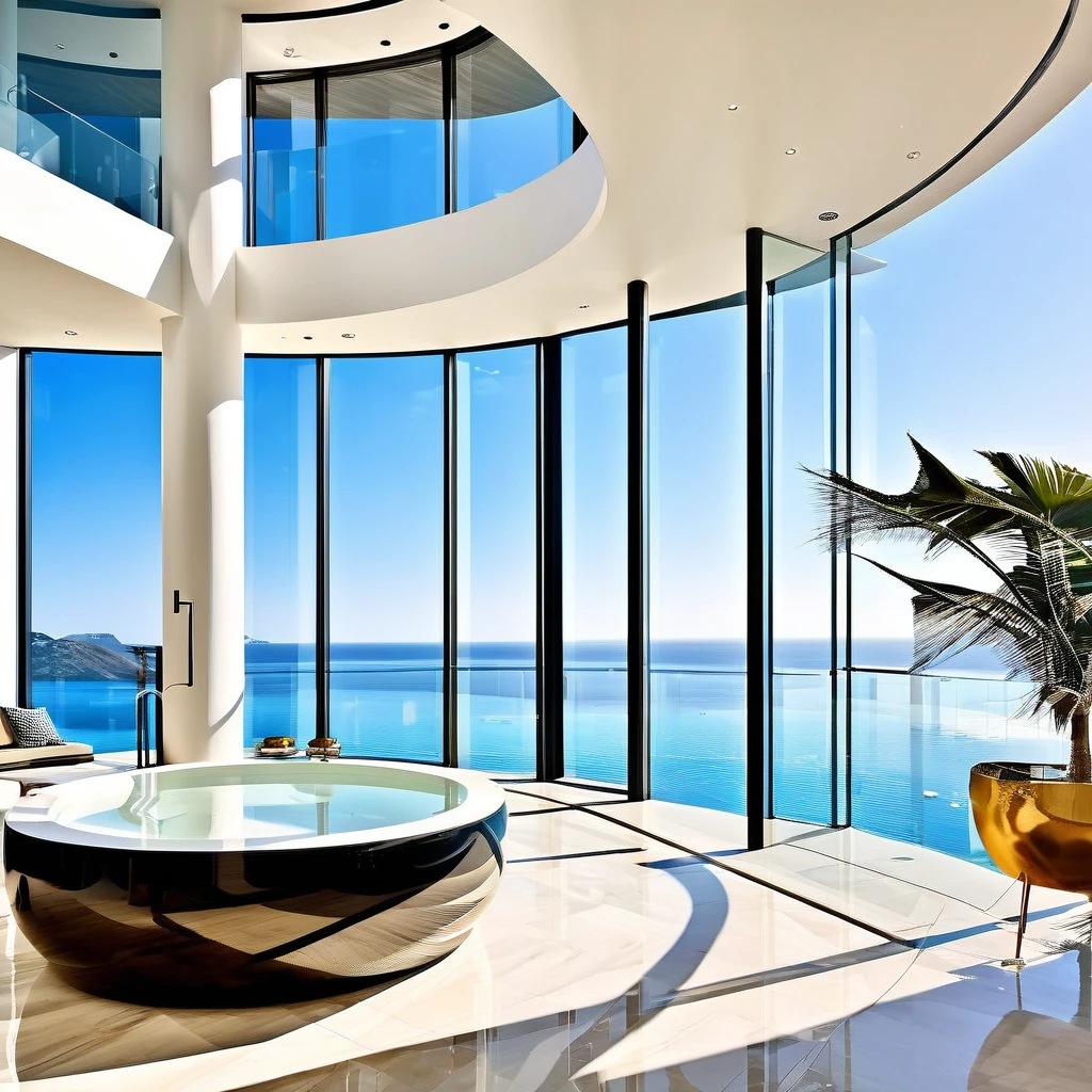 A modern luxury mansion with an infinity pool overlooking the ocean, floor-to-ceiling windows, and a sleek, minimalist interior design.