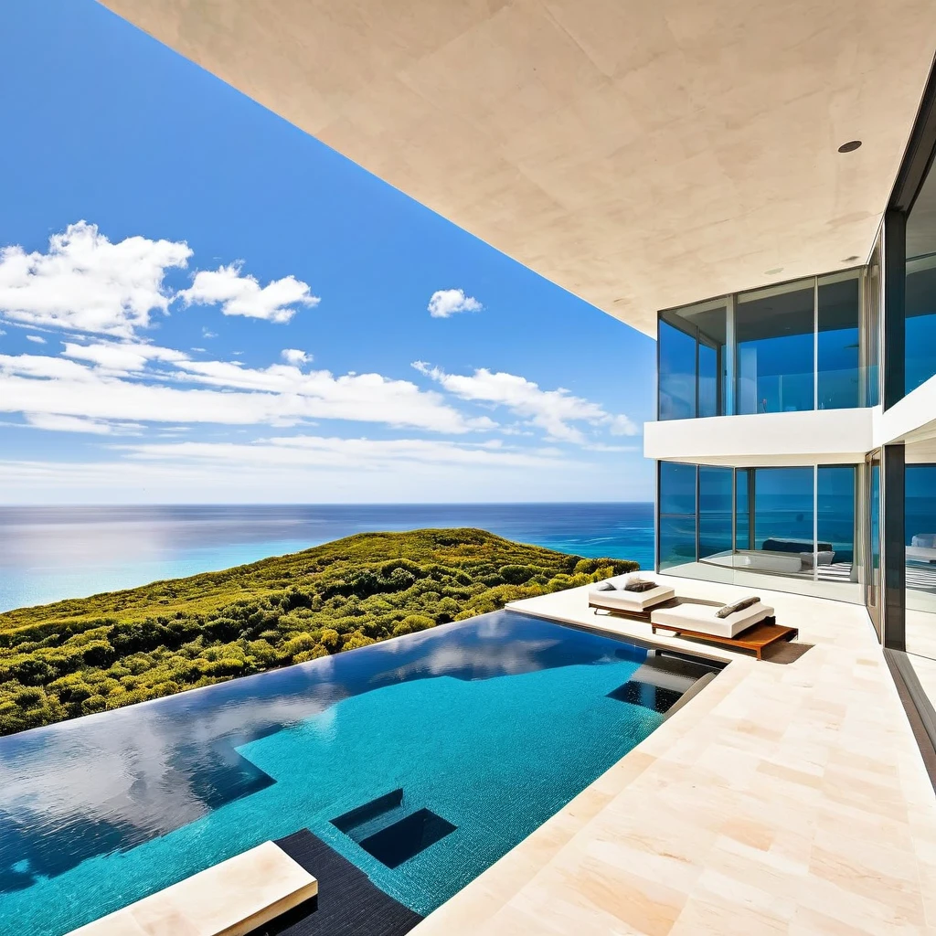 A modern luxury mansion with an infinity pool overlooking the ocean, floor-to-ceiling windows, and a sleek, minimalist interior design.