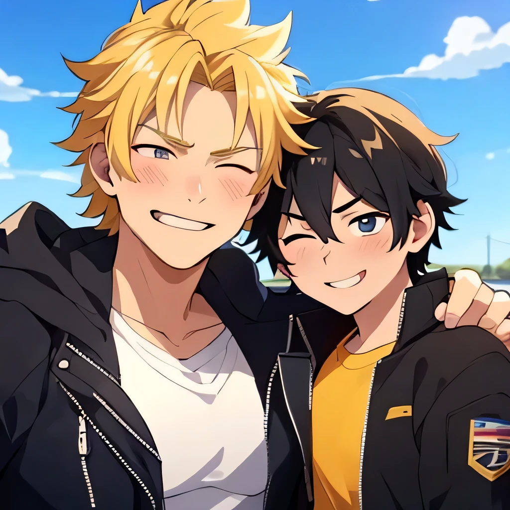 2 boy,kiss,(close eyes:1.2),(be happy:1.4),shoulder to shoulder,,happy blonde and black hair,black eyes,jacket,shirt,blush,(happy smile),blue sky background,upper body,Masterpiece,Top Quality,High quality,Ultra detailed,insanely detailed,beautiful,detailed eyes,anime style to