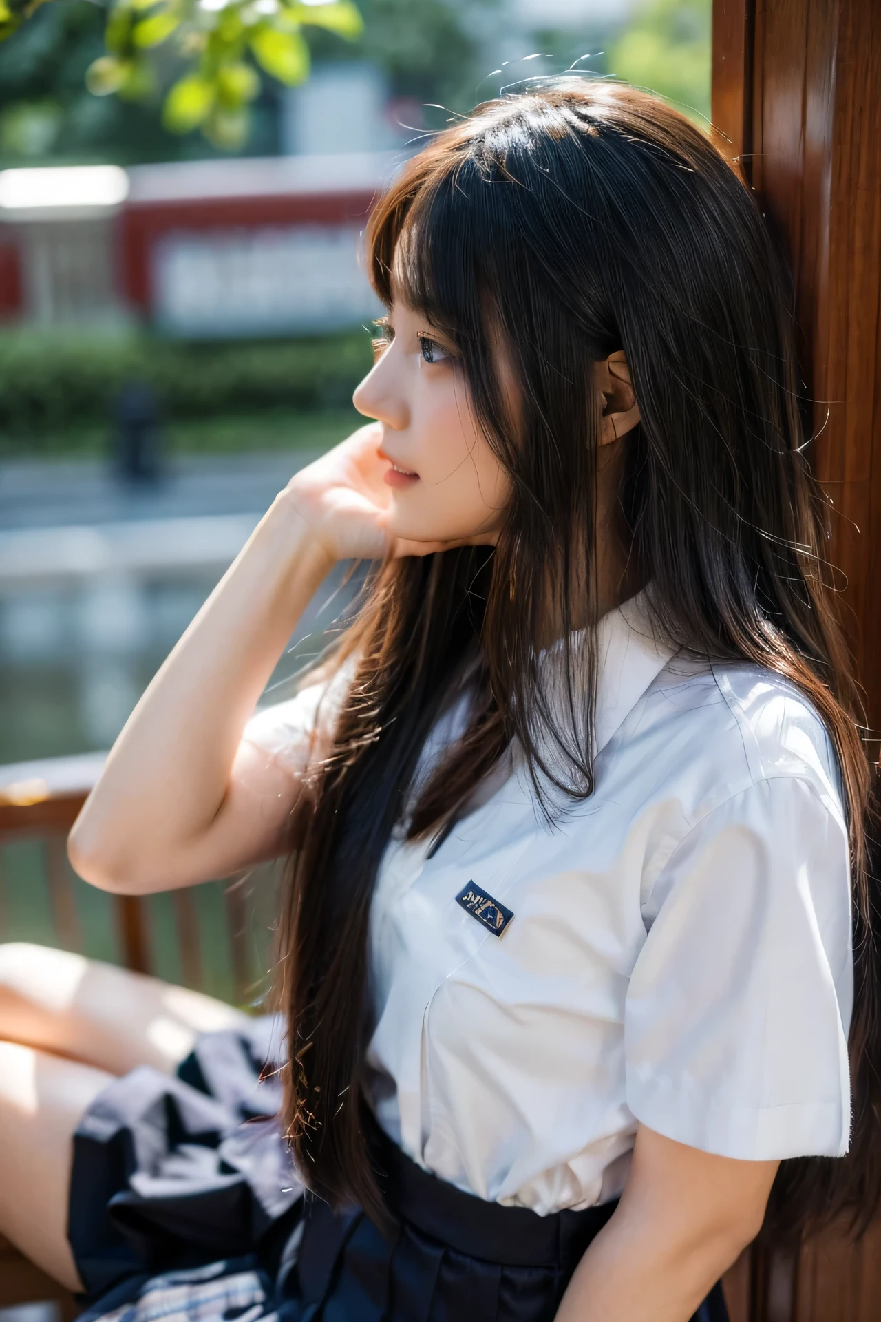 (8k:1.27), best quality, masterpiece, (ultra highres:1.2), beautiful detailed eyes, long eyelashes, double eyelid, high detail, detailed hairstyle, detailed face, hyper realistic, 1girl, solo, (22 years old), ((wet:0.7) school uniform:1.2), skirt, legs focus, gravure idol, black hair, closed mouth, (smiling:0.8), (from below:1.3), (from front), looking away, (upper body:1.2), (sexy pose:1.2)