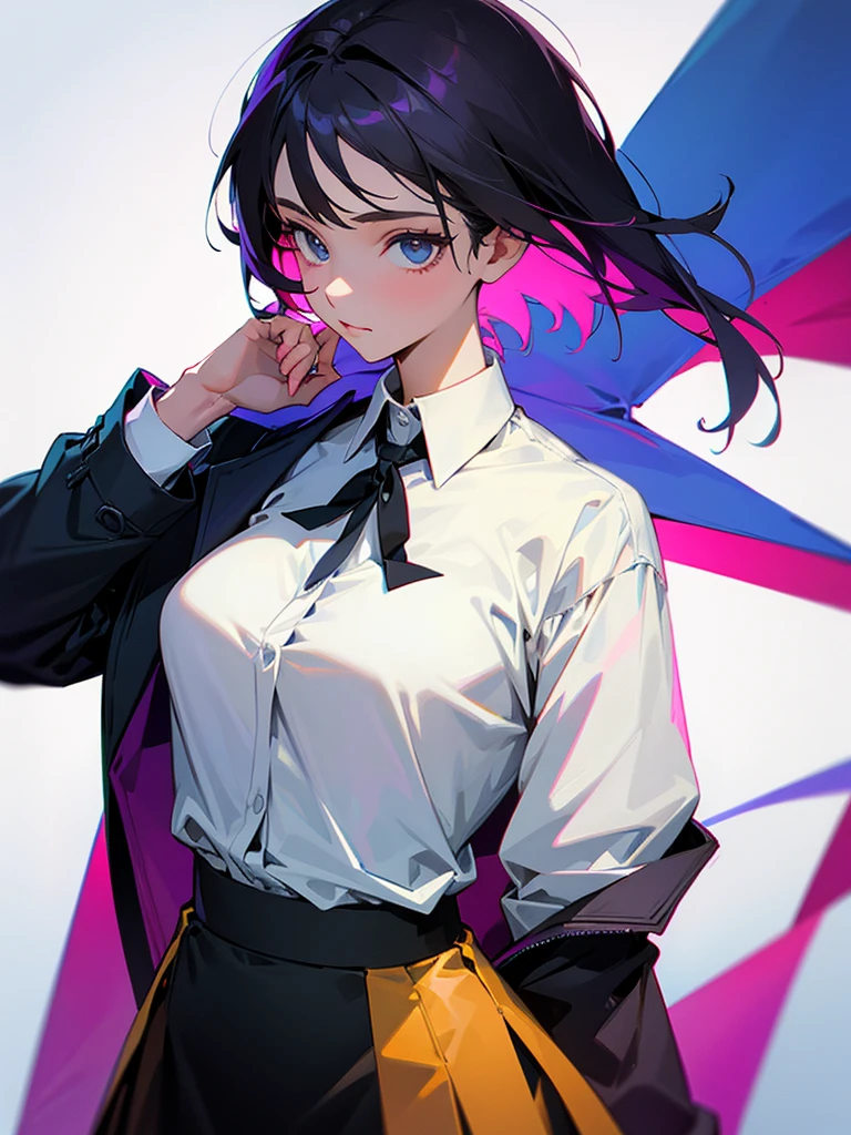 She is wearing a skirt and a shirt, jacket on top of the shirt, shoulders off.