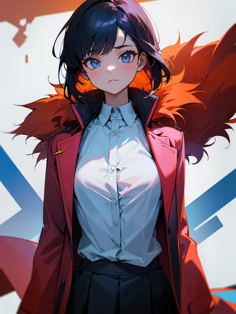 She is wearing a skirt and a shirt, jacket on top of the shirt, shoulders off. 
