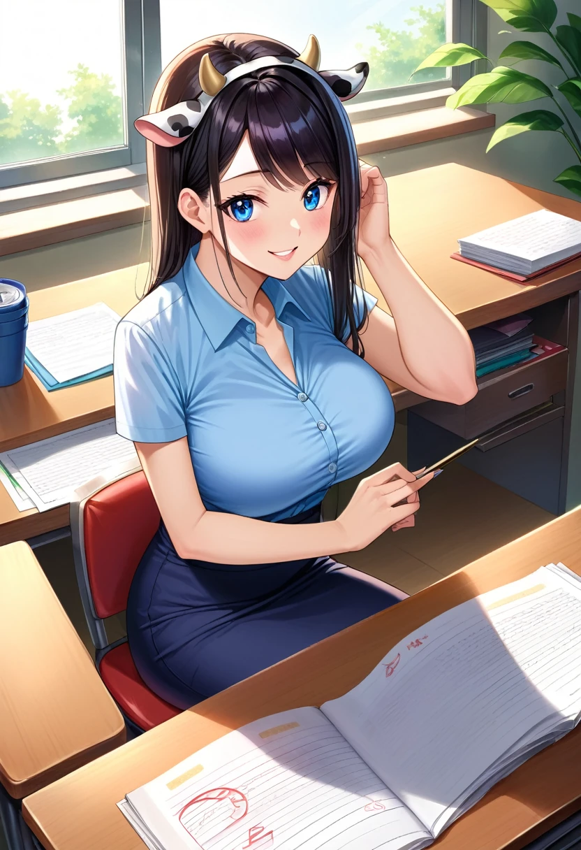 detailed illustration (side view),dynamic angle, ultra-detailed, illustration, clean line art, shading, anime, detailed eyes, detailed face, beautiful face, dramatic lighting, detailed illustration, dynamic angle, ultra-detailed, illustration,

Ultra HD, super high quality, masterpiece, detailed, 8K, The place is a business corner office, A office secretary in the room room,１Person sitting, hand singing documents, working at a desk, 30 year old female secretary, has long black hair, Has blue eyes, She has cow horns and a glamorous figure, The clothes she’s wearing are a camisole and a miniskirt, Knee-high, Pretty y, business clothes, anime girl, cow horns on head, cow ears, no human ears, anime woman, sitting in chair at desk, desk between her and viewer, handling viewer document. Sitting in chair behind desk, leaning forward onto desk, sunny farm outside window, smiling women, business casual suit, large brereasts ren desk, no human ears 