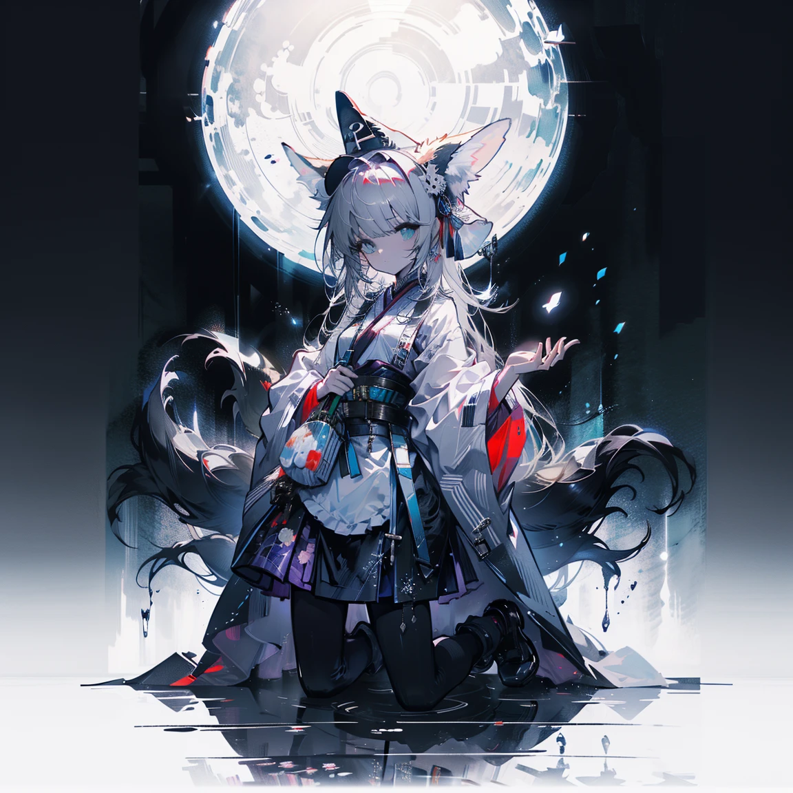 White background, Blue Skirt，Single woman, Solitary, (kneel), (kneel on white glass surface), (point, small), (White background), (Witch Hat), curly, Looking at the audience, panoramic, Imagine, It all started on the night of the Ark., Hot topics on the art site pixiv, Ark of Tomorrow, pixiv Digital Art,Onmyoji detailed art, Japanese anime fantasy illustration, author：hero, anime art wallpaper 8 k, Sky Witch, pixiv style, 动漫艺术壁纸4K, 动漫艺术壁纸4K, (Beautiful background), Ink painting style，Beautiful colors，Decisive cuts，広いBlank領域, Blank, space，masterpiece， Super exquisite，Epic Works，expensive、expensive品質，best quality，4K