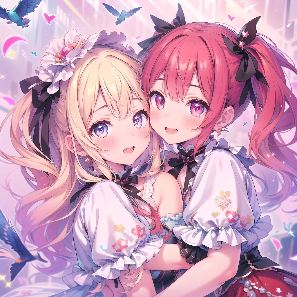 (masterpiece:1.2), best quality, high resolution, extremely detailed CG, absurdres, highres, 2girls, two girls hugs together , frills, kawaii, happy, dreamland, details background,good hands, best hands