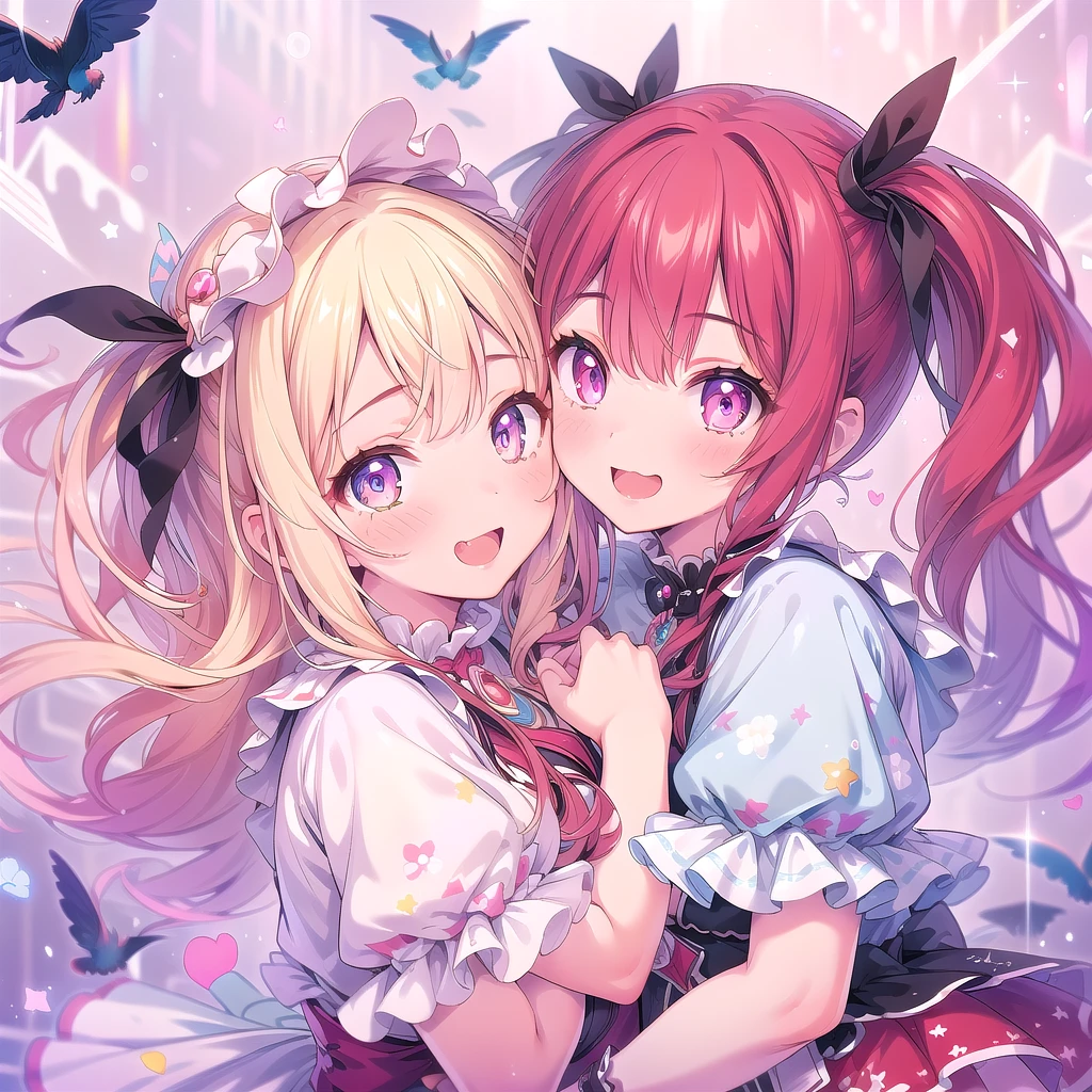 (masterpiece:1.2), best quality, high resolution, extremely detailed CG, absurdres, highres, 2girls, two girls hugs together , frills, kawaii, happy, dreamland, details background,good hands, best hands