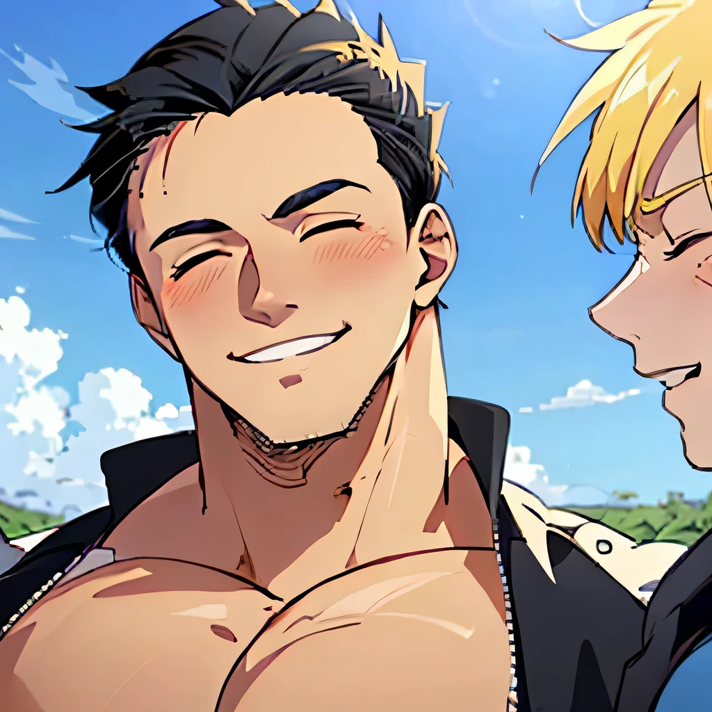 2 boy,kiss,(close eyes:1.2),(be happy:1.4),shoulder to shoulder,************,happy blonde and black hair,black eyes,jacket,shirt,blush,(happy smile),blue sky background,upper body,Masterpiece,Top Quality,High quality,Ultra detailed,insanely detailed,beautiful,detailed eyes,anime style to