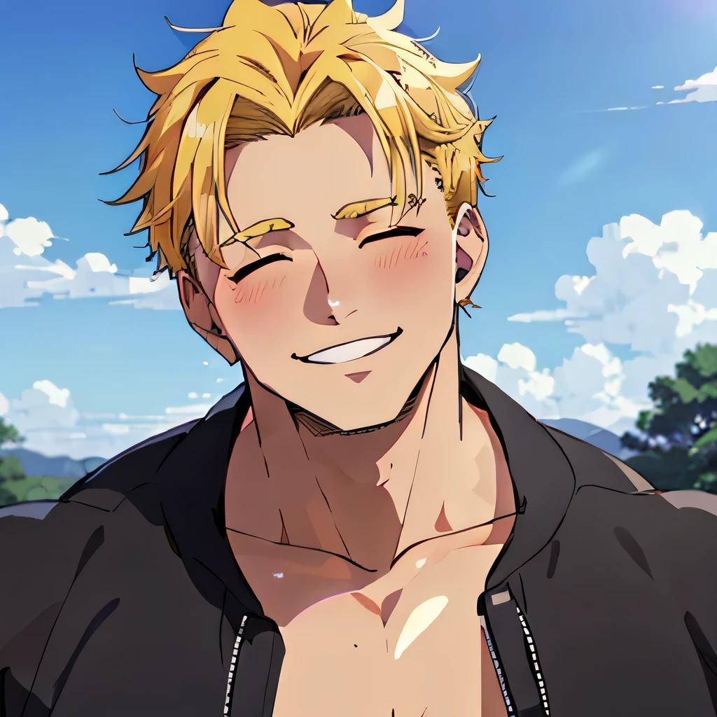 2 boy,kiss,(close eyes:1.2),(be happy:1.4),shoulder to shoulder,************,happy blonde and black hair,black eyes,jacket,shirt,blush,(happy smile),blue sky background,upper body,Masterpiece,Top Quality,High quality,Ultra detailed,insanely detailed,beautiful,detailed eyes,anime style to