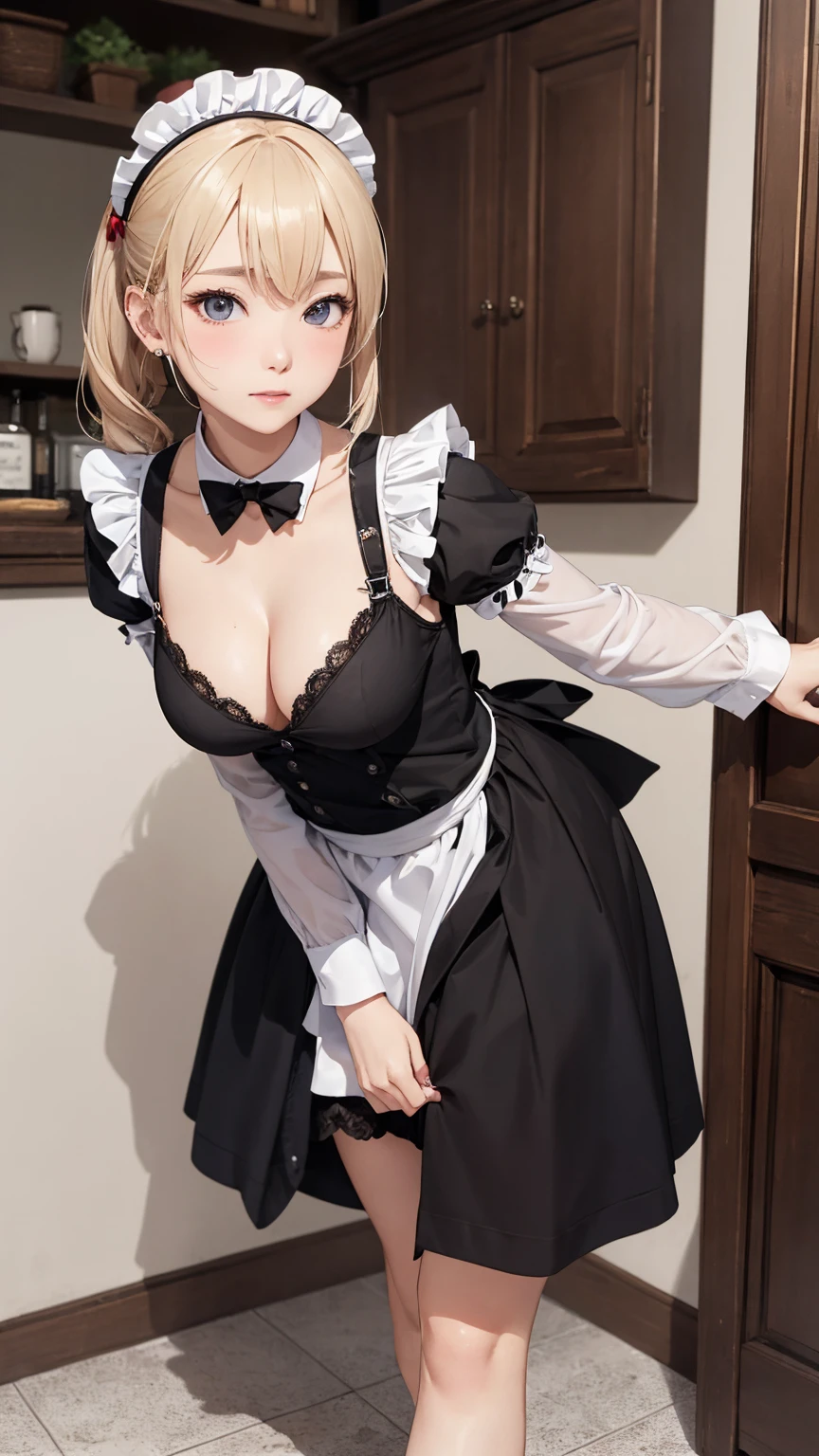 8K quality、High resolution、Maid、Realistic skin texture、Tidying up on tiptoes、High resolutionの肌、Blonde ponytail、thin、Small breasts、Beautiful cleavage、thin脚、Full Body Shot、Wetting、白黒のMaid服、