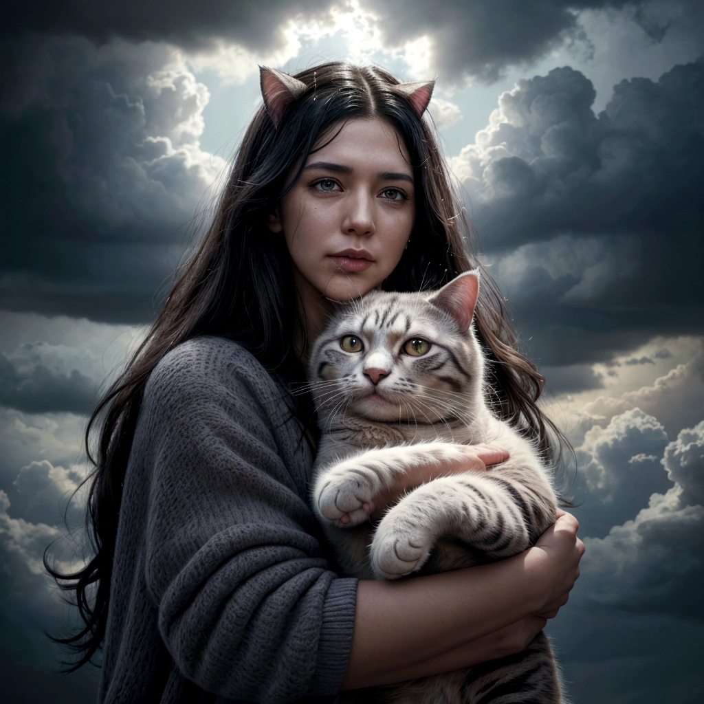 smalling woman hugging a cat in heaven, the woman is huggin a cat in the sky, with clouds, deep color, realistic, wide screen, intricate detail, splash screen, complementary colors, realistic concept art,", dynamic lighting hyperdetailed, brilliant image, magnificent lights, hyper realistic light, hyper detailed light,