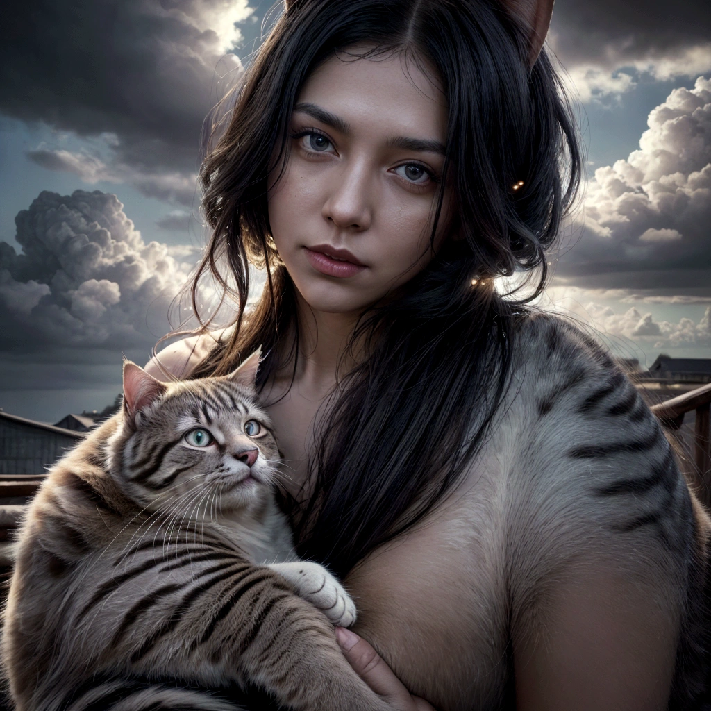 smalling woman hugging a cat in heaven, the woman is huggin a cat in the sky, with clouds, deep color, realistic, wide screen, intricate detail, splash screen, complementary colors, realistic concept art,", dynamic lighting hyperdetailed, brilliant image, magnificent lights, hyper realistic light, hyper detailed light,