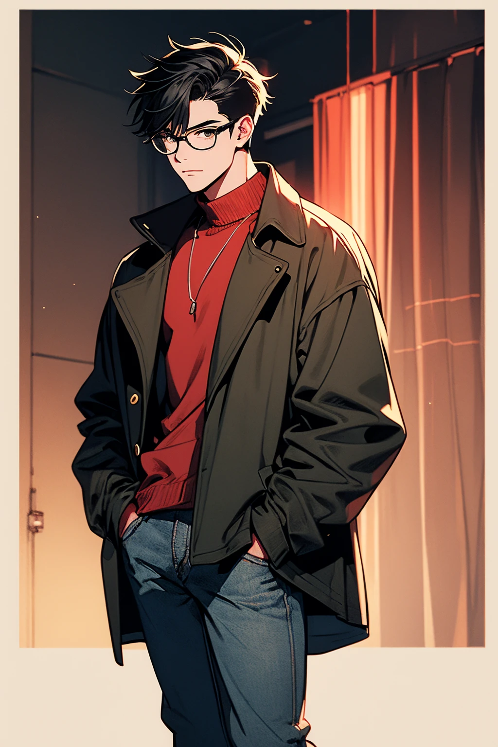 ((illustration)), (best quality)), ((masterpiece)), (detailed), ((cinematic)), ager, solo, 1boy, male focus, black trench coat, short hair, black hair: 2, spiky hair, jeans, rubber shoes, reading, lineart, thick lines, itadori, itadori_yuuji, hair bangs, muscular, turtleneck, eyeglasses, full view,
