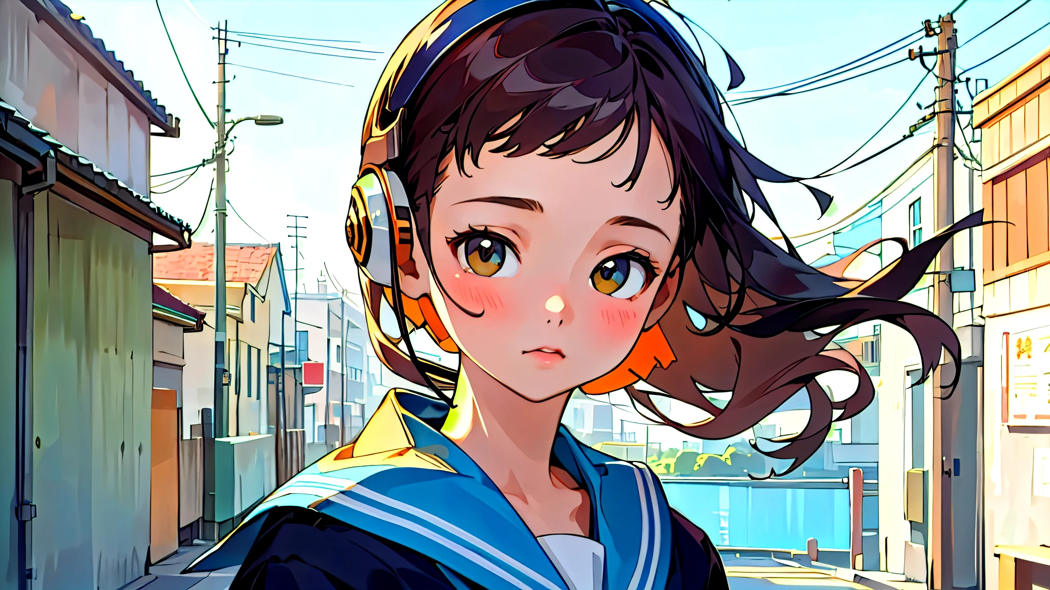 (Highest quality, masterpiece, Ultra-realistic), Beautiful and delicate15Year-old girl portrait, With a calm and gentle expression, The background is a quiet street in the evening.。While listening to music with headphones、Looking at me。Sailor suit