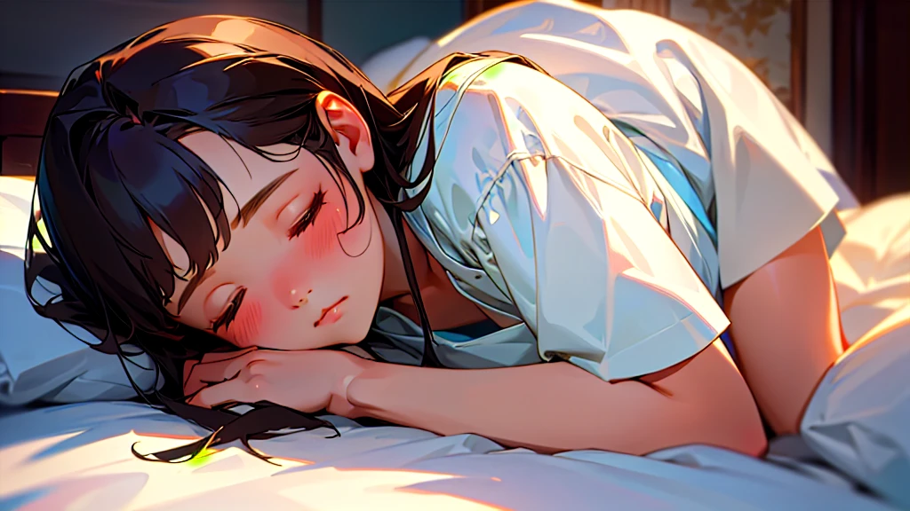 (Highest quality, masterpiece, Ultra-realistic), Beautiful and delicate15Year-old girl portrait,, The background is the bedroom at home.、Sleeping with a calm expression、Time is midnight、It's pitch black in the room.、It's raining outside