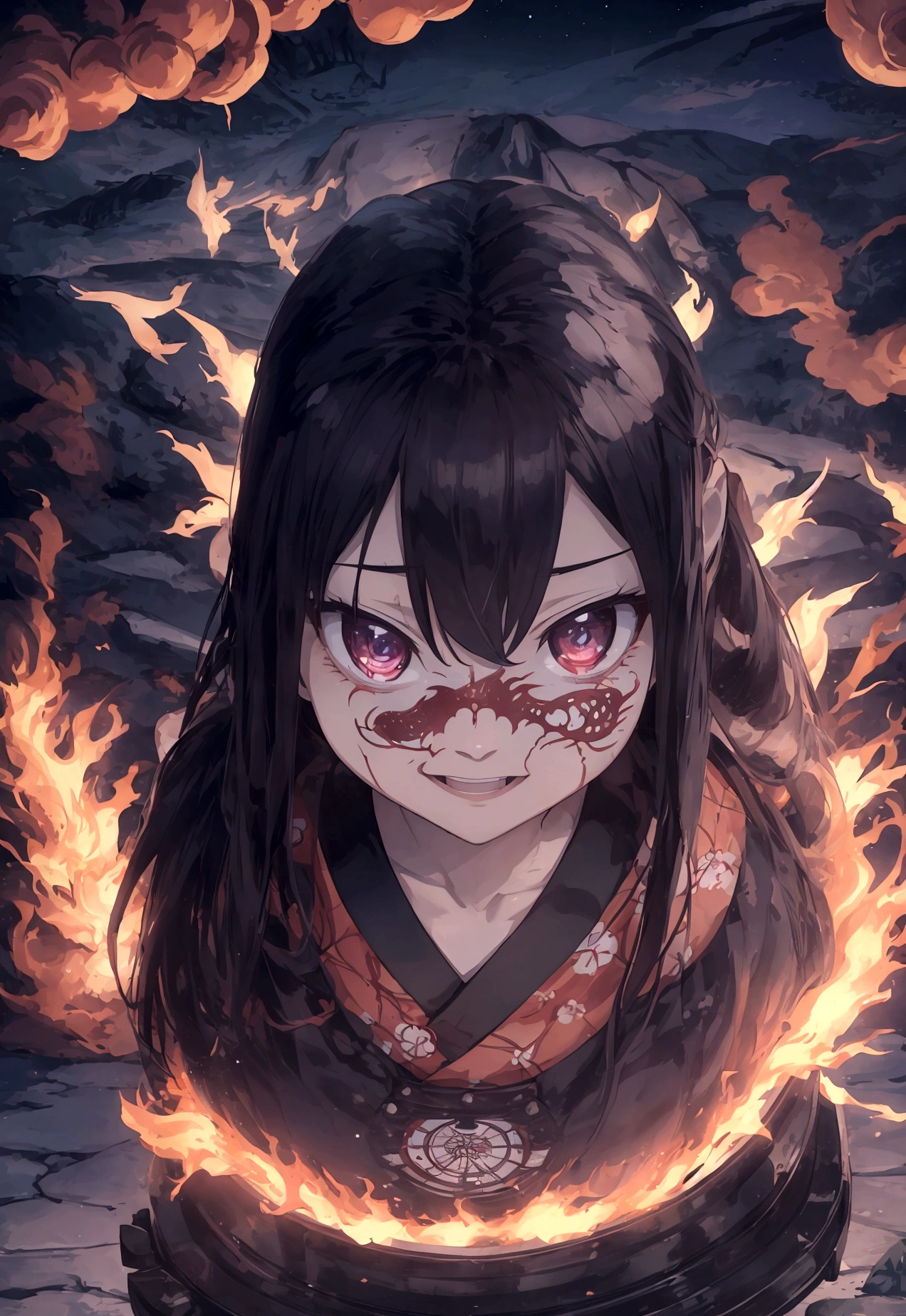 Japanese Yokai「wheel car(Carousel)」Please draw。wheel carは、It is a monster in which a woman's face appears inside a burning wheel.。The woman's face is painful、Hair is disheveled。The wheels are on fire、It creates a terrifying scene。In the background、Set on a mountain path at night or in the grounds of an old temple.、wheel carが炎を巻き起こしながら転がるシーンを描写してください。Please create an overall scary and powerful atmosphere.。