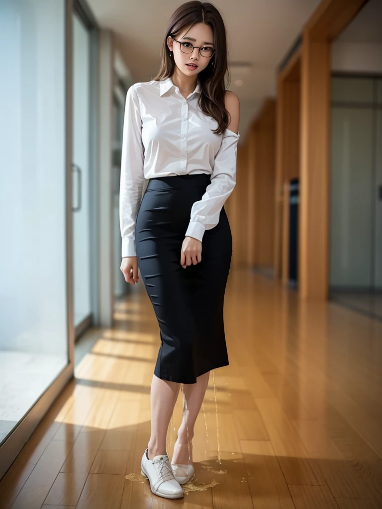 ((Realistic Light, Best Quality, 8K, Masterpiece: 1.3)), 1girl, female teacher, Slim Beauty: 1.4, (Brown hair,  short hair length to shoulder, glasses, large breasts: 1.3), wearing long sleeve white shirt(( appropriate shirt)), black pencil skirt((length skirt to the knee)), standing alone at empty school hallway, front view, medium shot, with little wonder expression, peeing self, wetting her clothes, can't hold her pee face, wetting herself desperate, pee desperation pose, her body can't hold her pee and wets herself ultra desperate in the middle of the cicty in absolute desperaton wetting herself, pee runing down her legs, standing up, hyper pee desperate face, big pee pudle