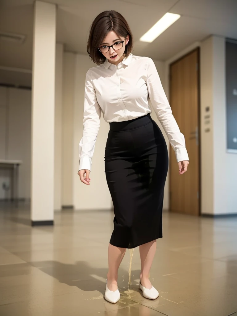 ((Realistic Light, Best Quality, 8K, Masterpiece: 1.3)), 1girl, female teacher, Slim Beauty: 1.4, (Brown hair,  short hair length to shoulder, glasses, large breasts: 1.3), wearing long sleeve white shirt(( appropriate shirt)), black pencil skirt((length skirt to the knee)), standing alone at empty school hallway, front view, medium shot, with little wonder expression, peeing self, wetting her clothes, can't hold her pee face, wetting herself desperate, pee desperation pose, her body can't hold her pee and wets herself ultra desperate in the middle of the cicty in absolute desperaton wetting herself, pee runing down her legs, standing up, hyper pee desperate face, big pee pudle