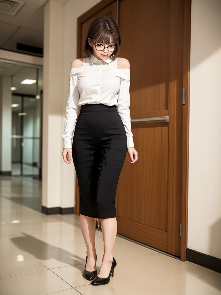 ((Realistic Light, Best Quality, 8K, Masterpiece: 1.3)), 1girl, female teacher, Slim Beauty: 1.4, (Brown hair,  short hair length to shoulder, glasses, large breasts: 1.3), wearing long sleeve white shirt(( appropriate shirt)), black pencil skirt((length skirt to the knee)), standing alone at empty school hallway, front view, medium shot, with little wonder expression, peeing self, wetting her clothes, can't hold her pee face, wetting herself desperate, pee desperation pose, her body can't hold her pee and wets herself ultra desperate in the middle of the cicty in absolute desperaton wetting herself, pee runing down her legs, standing up, hyper pee desperate face, big pee pudle