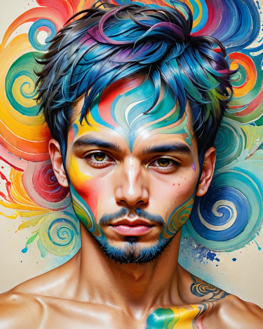 psychedelic style "a painting of a man with colorful paint on his face, detailed colorized portrait, portrait of a patchwork boy, David Mack •, colorized portrait, tattooed face, inspired by Hedi Xandt, Anton, high detailed portrait, colorful illustration, intricate heterochromatic sad, extremely detailed man, centered painted portrait, tattooed man, colourful drawing, extremely detailed portrait" . swirly vibrant colors, swirl patterns, abstract shapes, surreal, mind blowing