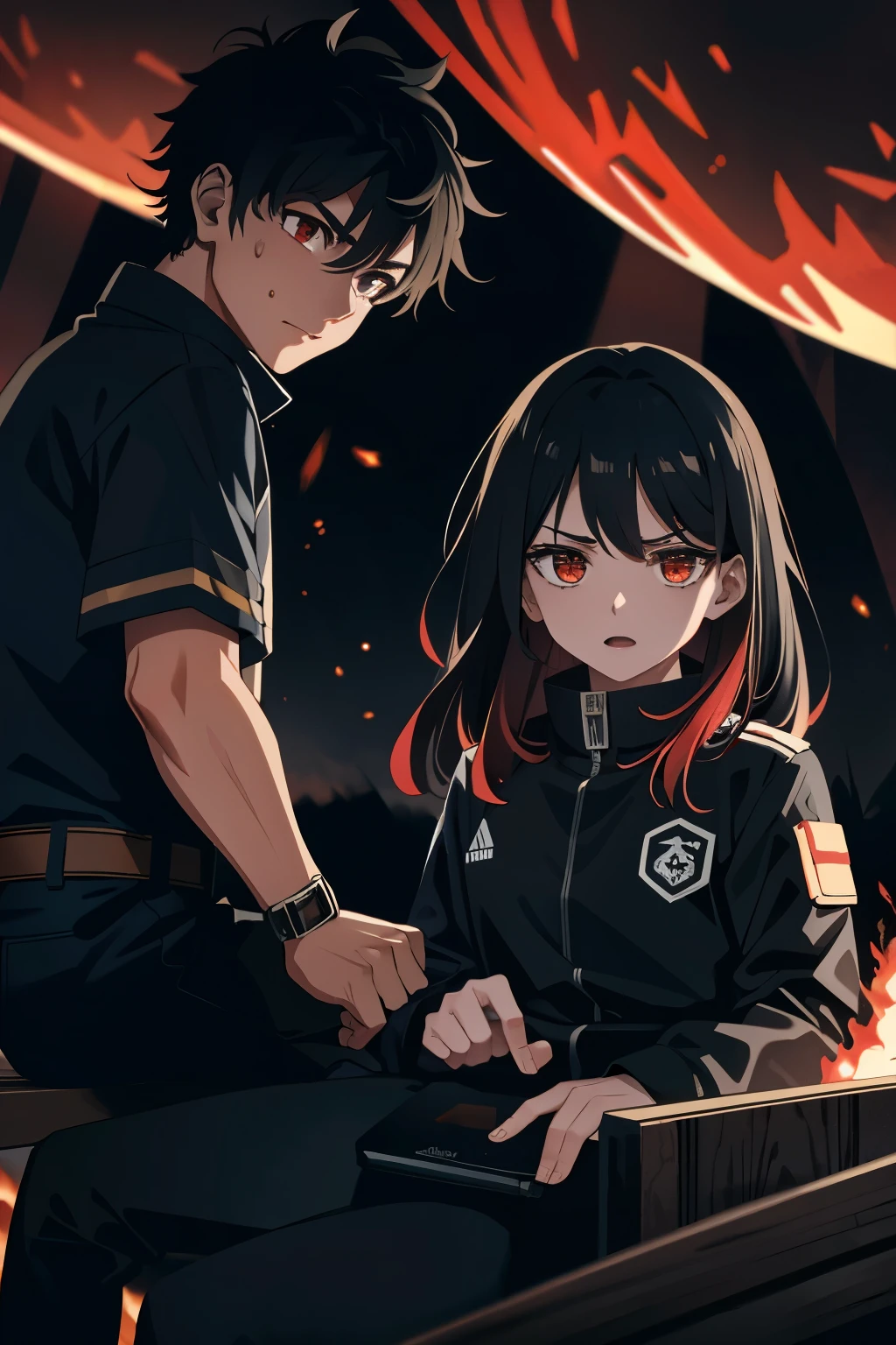 ((ultra high quality)), (detailed), enraged by recklessness, two people sitting around a burning rocket, Clothes on fire, looking forward with goosebumps expressions, apocalyptic scenario, body covered in sweat, eyes bigger than normal, hair in flames, precise details of the burning heat.