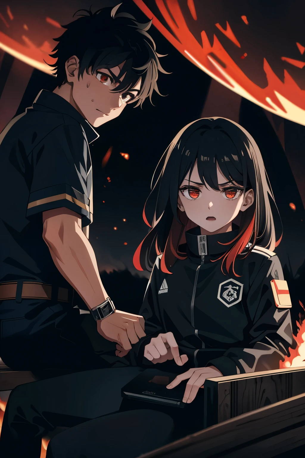 ((ultra high quality)), (detailed), enraged by recklessness, two people sitting around a burning rocket, Clothes on fire, looking forward with goosebumps expressions, apocalyptic scenario, body covered in sweat, eyes bigger than normal, hair in flames, precise details of the burning heat.