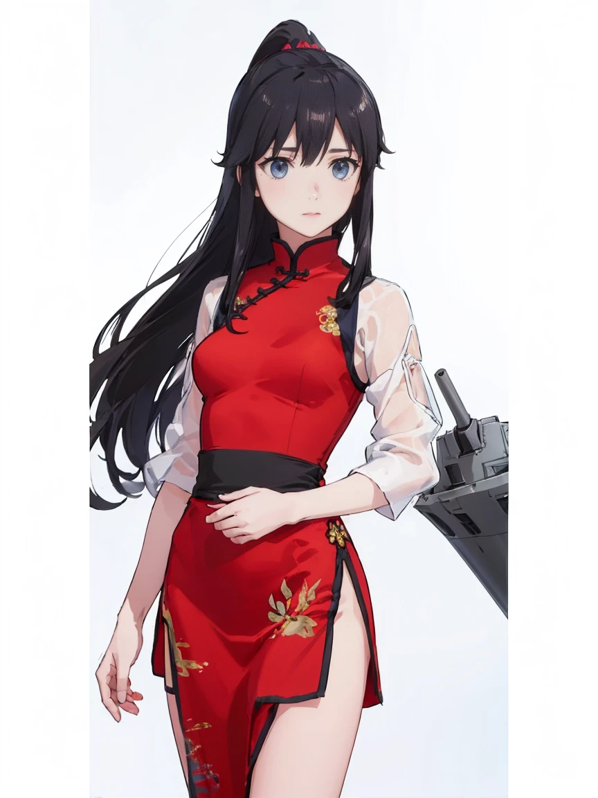 (( Fleet Collection、Kantai Collection、Yao)),(((China dress)))、woman,Cowboy Shot, ((white background))) 、Best image quality, high quality, The background is clear,きれいなwoman, Japanese, detailed, detailed eyes, detailed skin, Beautiful Skin, 超High resolution, (reality: 1.4),とても美しいwoman, A little younger face, Beautiful Skin, thin, (Ultra-photorealism), (High resolution), (8K), (非常にdetailed) 、(Beautiful and detailed eyes), (非常にdetailed), (detailed face), Displaying the viewer, Fine details, detailed face, smile,Straight,Looking Ahead, StraightLooking Ahead, Photo Real,Hairstyle: ponytail、short hair,Brown Hair、smile、Very delicate body、Very flat chest、hair over one eye, from below,Normal limbs