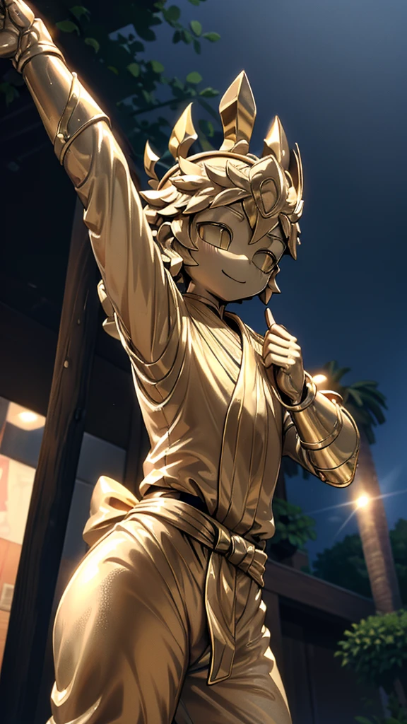 一个男孩的Gold statue旁边停着一只燕子。王子的Gold statue，Prince style，Prince costume，Court dress，Gold statue，男孩的Gold statue，cute boy，femboy，带着黄金冠冕的Gold statue，脚边停着一只燕子的Gold statue，Golden Boy Statue，Gold statue，Cute boy，British style，西式Men's dress，Men's dress，Victorian style，crown，crown，Golden Boy Sculpture，Golden Boy Statue，Gold statue，佩剑的Gold statue，腰带上挂着配剑的Gold statue，Cute boy，The sword hangs on the waist，A sword hangs from his waist，Hand on the sword at the waist，shota，Cute boy，Cute boy，Moe，Giant golden statue，Giant golden statue，Outdoor Background，Smiling statue，Close-up above the waist镜头，Upper body close-up，Close-up above the waist