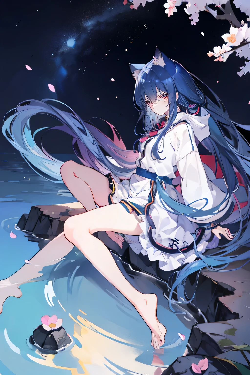 (masterpiece:1.2),Super detailed,lifelike,Expressive eyes,fair skin,perfect face shape,1 girl,
Japanese comics,Gorgeous blue hair,flowing blue hair,flowing clothes,Cat ears,Petals fall,beautiful lola,Baby Angel,
Shaking head with one hand,Cross your legs,Gentle and peaceful background,The pavilion is cool and comfortable,smile, wearing hoodie, background of tokyo,back views,snowing, winter,lie on the water,Lying on the ground。Dark blue gradient hair,asymmetrical hair,((Hair is very thick 1.8,Chiseled hair 1.6)), Hair over the shoulders, Messy hair, Very long hair, shiny hair,(long dark blue hair:1.2),A beautiful girl,(Transparent clothes transparent 1.8),Perfect body,Big thin legs,slender,(Looks very sad,Looks haggard ,sadness,shut your mouth:1.2) Against the backdrop of an unusually bright dark starry sky,(Put your hands behind your back),(round,Room, Strong breasts),barefoot,float,water surface,(long legs,long legs,long legs,Complete)