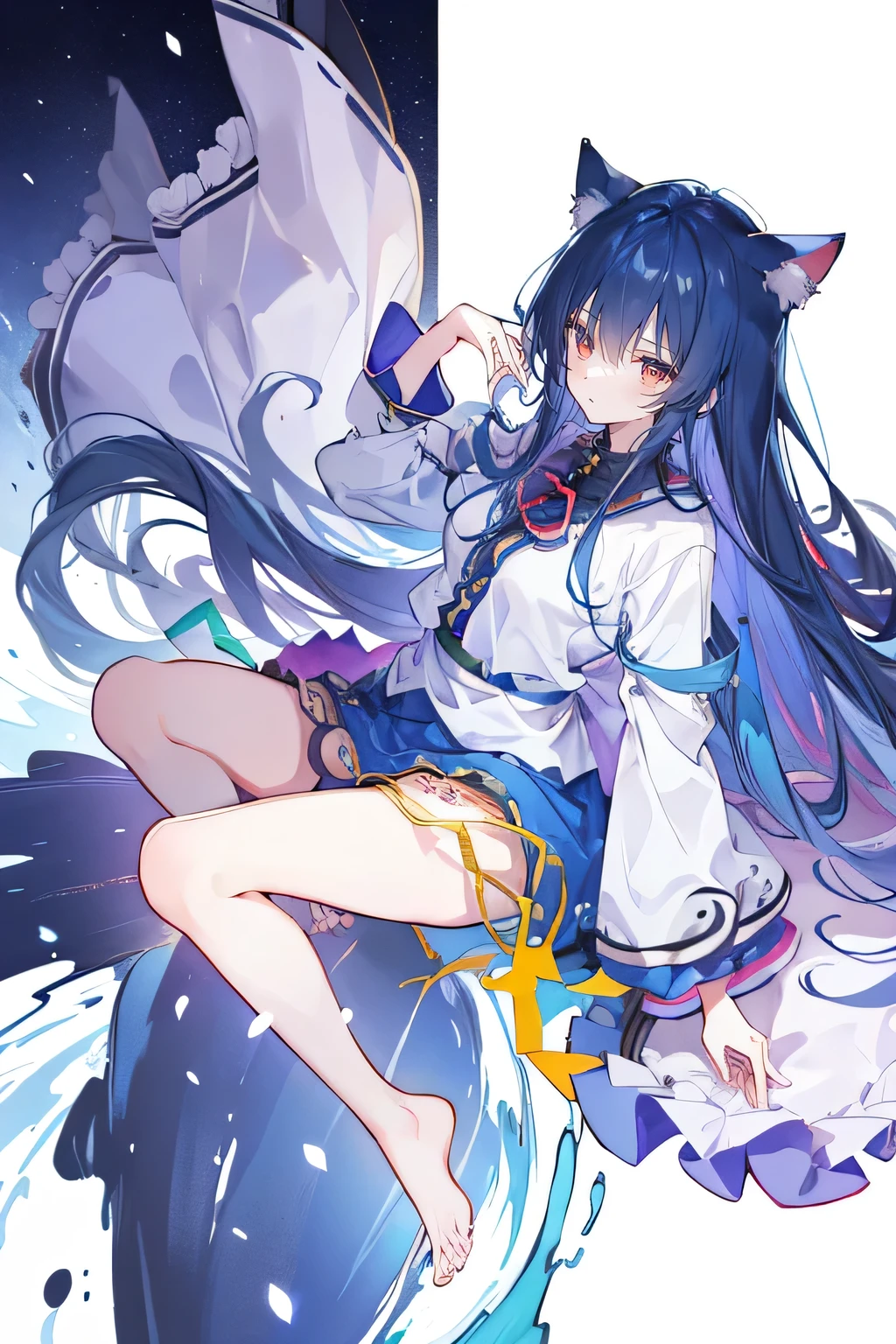 (masterpiece:1.2),Super detailed,lifelike,Expressive eyes,fair skin,perfect face shape,1 girl,
Japanese comics,Gorgeous blue hair,flowing blue hair,flowing clothes,Cat ears,Petals fall,beautiful lola,Baby Angel,
Shaking head with one hand,Cross your legs,Gentle and peaceful background,The pavilion is cool and comfortable,smile, wearing hoodie, background of tokyo,back views,snowing, winter,lie on the water,Lying on the ground。Dark blue gradient hair,asymmetrical hair,((Hair is very thick 1.8,Chiseled hair 1.6)), Hair over the shoulders, Messy hair, Very long hair, shiny hair,(long dark blue hair:1.2),A beautiful girl,(Transparent clothes transparent 1.8),Perfect body,Big thin legs,slender,(Looks very sad,Looks haggard ,sadness,shut your mouth:1.2) Against the backdrop of an unusually bright dark starry sky,(Put your hands behind your back),(round,Room, Strong breasts),barefoot,float,water surface,(long legs,long legs,long legs,Complete)