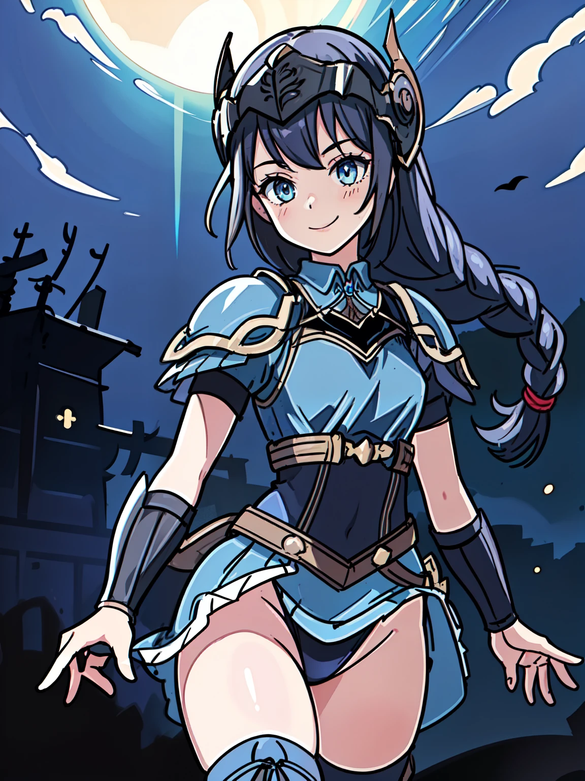 best quality, masterpiece, 1 girl, (silhouette lighting:1.2), (cowboy shot:1.3), smiling, LennethVP, braid, single braid, blue armor, armored dress, winged helmet, pauldrons, gauntlets, greaves, (skirtlift:1.3), medieval village, rural