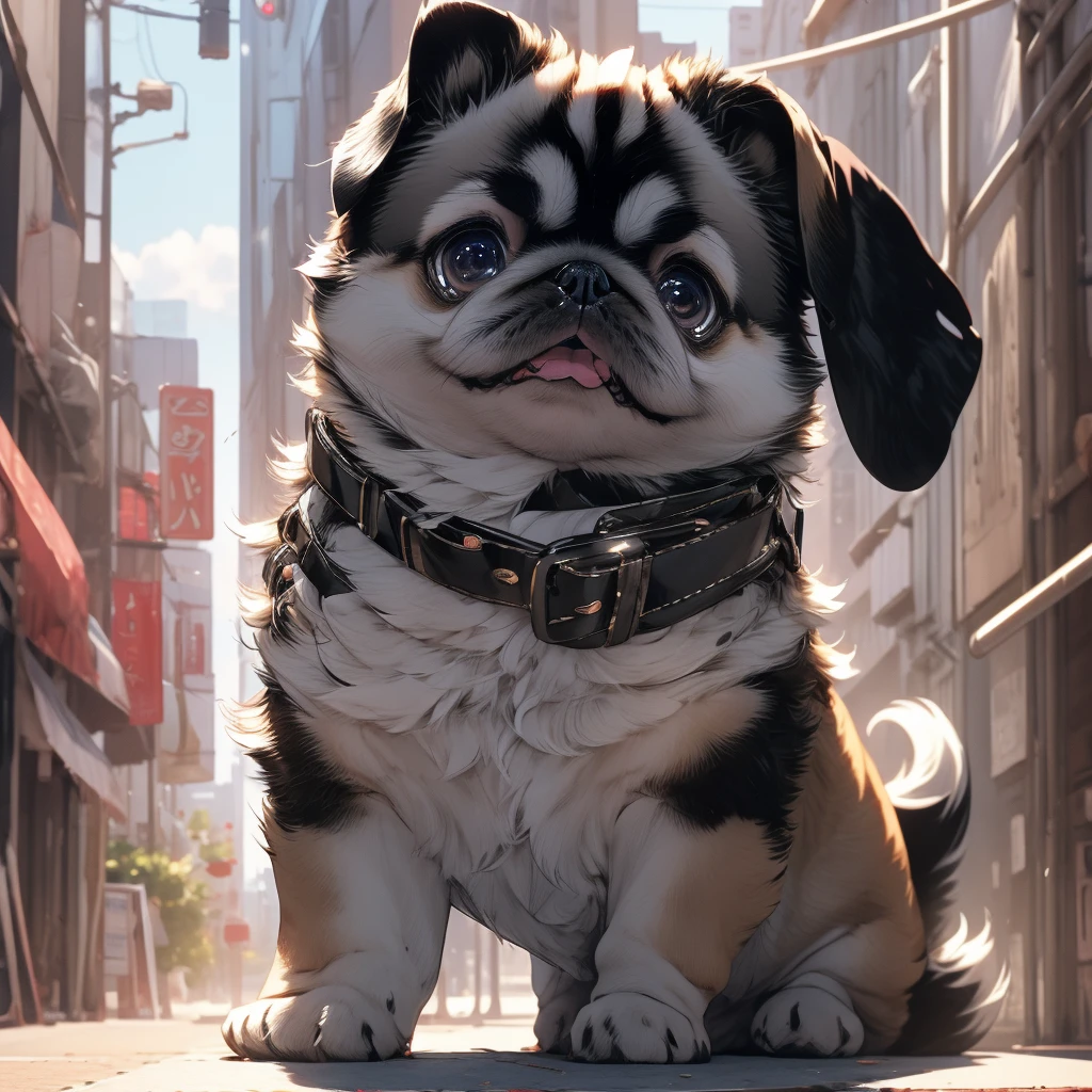 In the city、1 Pug puppy、(((Round black fur on forehead:1.3)))、(((Tears:3.0)))