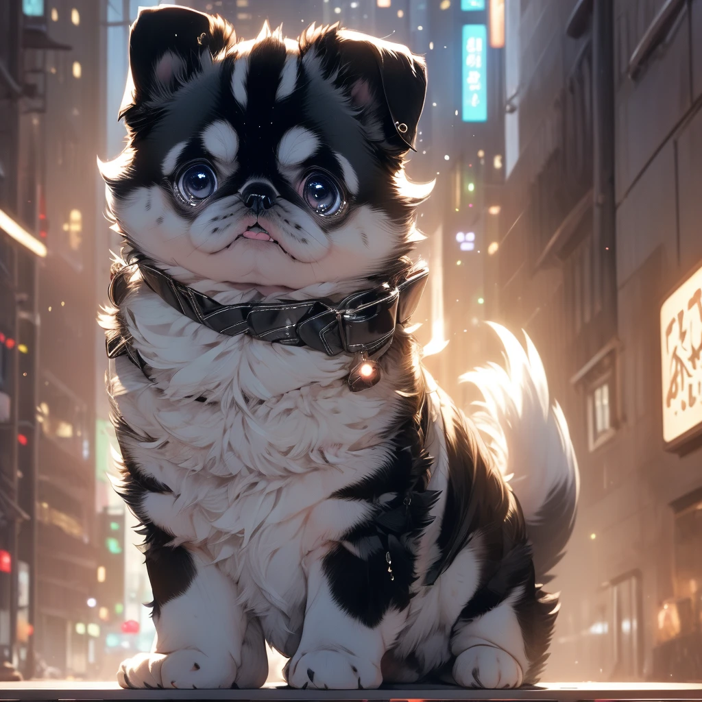 In the city、1 Pug puppy、(((Round black fur on forehead:1.3)))、(((Tears:3.0)))